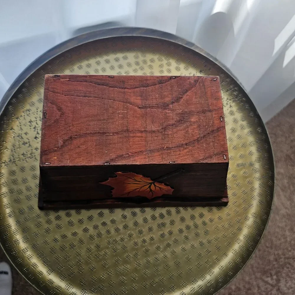 Vintage Wooden Planter or Storage Box with Painted Autumn Maple Leaf, Fall Decor